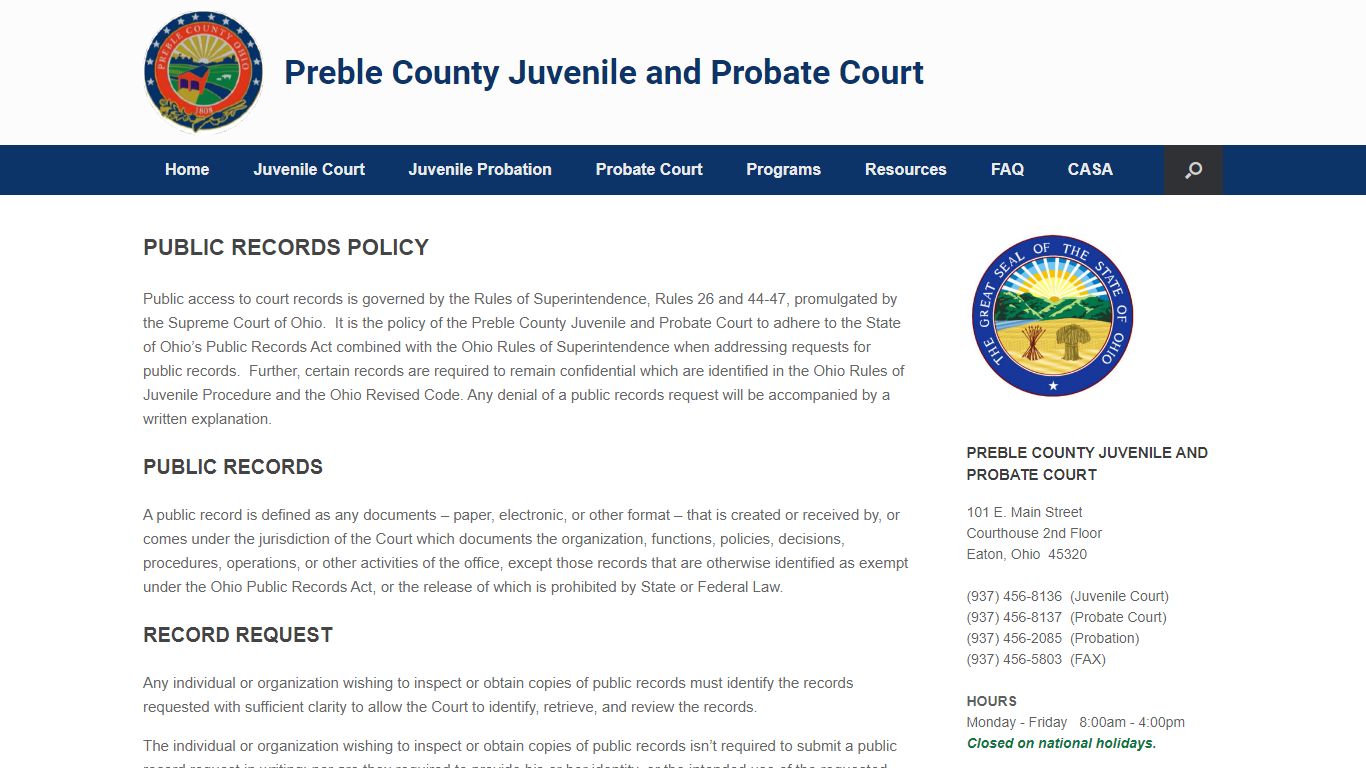 Public Records Request – Preble County Juvenile and Probate Court